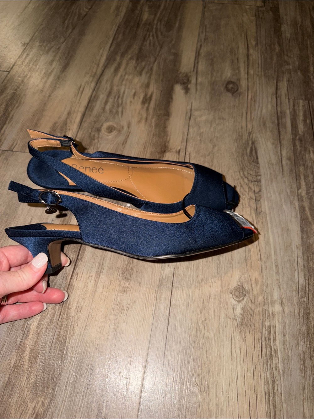 J.Renee Navy Satin Slingback Peep-Toe Kitten Heels